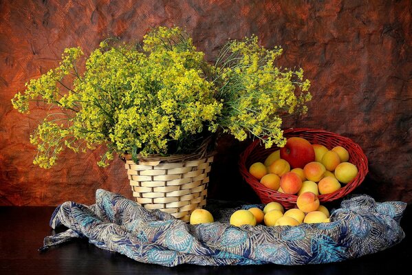 Summer fruits on a background of flowers