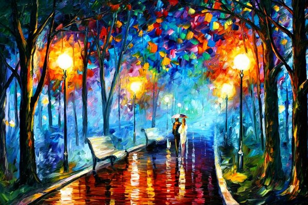 Peinture à l huile couple avec parapluie