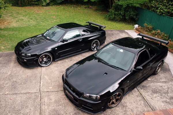 Black beautiful nissan gtr on the courtyard