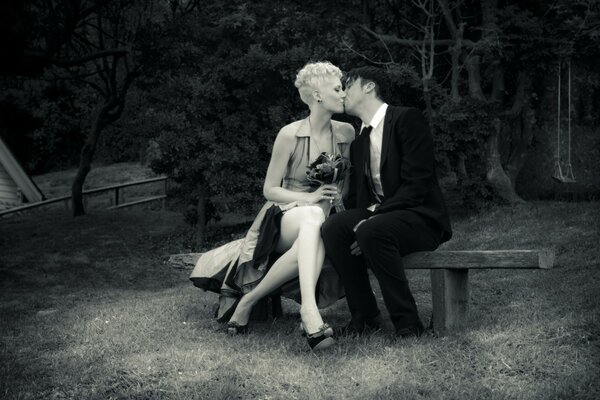 Baiser romantique sur un banc de parc