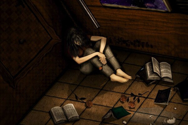 Fille triste dans la chambre avec des livres éparpillés
