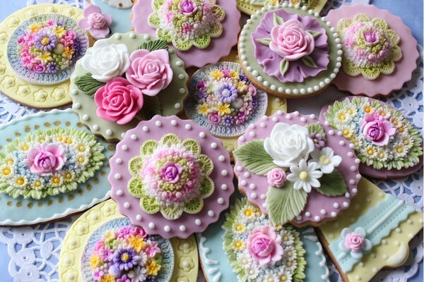 Biscuits sucrés dans le glaçage avec des fleurs et des perles