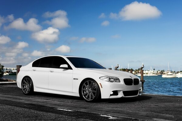 White BMW on the background of the port