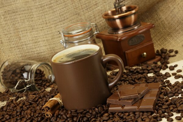 Ground coffee with chocolate and cinnamon