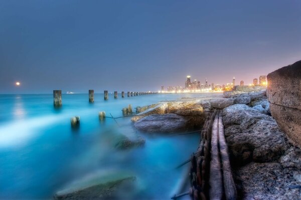 A city in fog on the sea coast