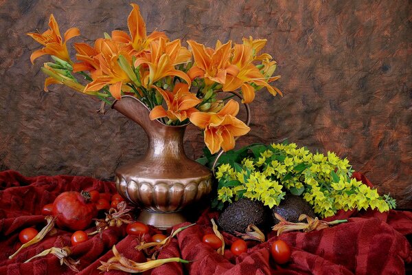 Still life pomegranate and vase with lilies