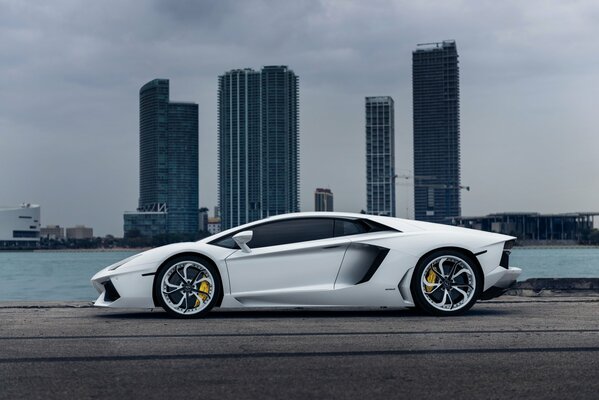 White Lamborghini on the background of multi-storey buildings