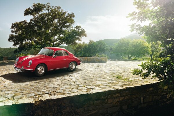 Retro Porsche 356C classic stone road