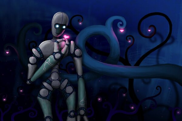 Robot romantique avec coeur dans la main sur fond de minuit