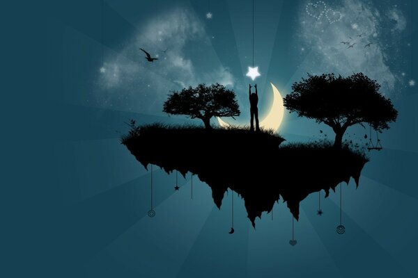 A flying island with trees and a silhouette against the background of the moon