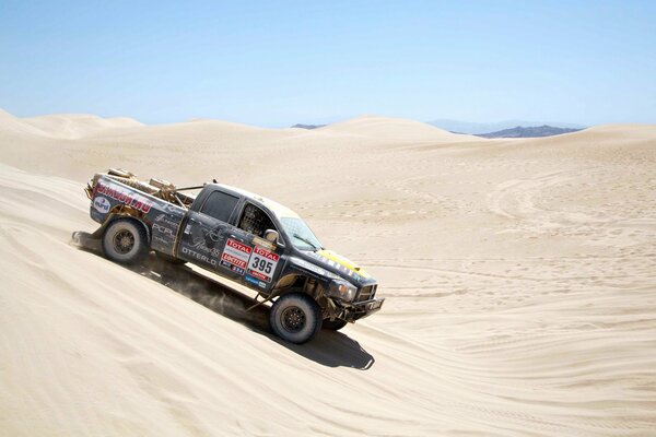 The SUV drives through the desert