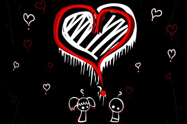Rot-weißes Herz auf schwarzem Hintergrund, Silhouetten