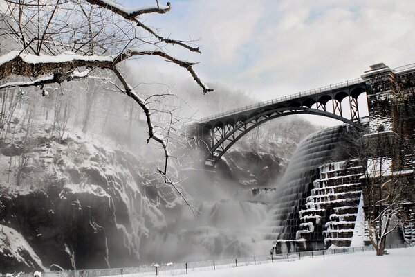 Winter landscape bridge over the river