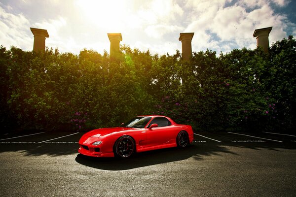 A red Mazda stands near a flowering hedge