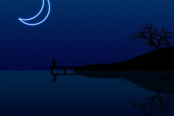 Moon at night on the background of water