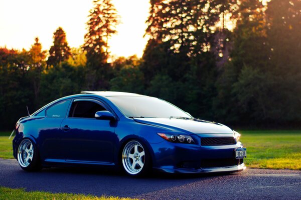 Azul Scion tc en la carretera contra el fondo del bosque