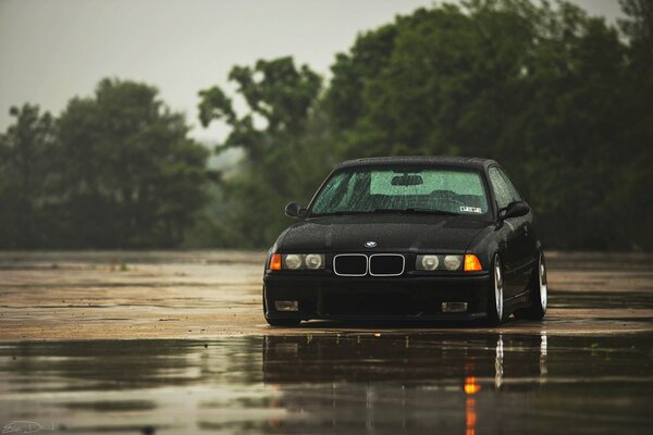 Czarne BMW w deszczu na tle drzew