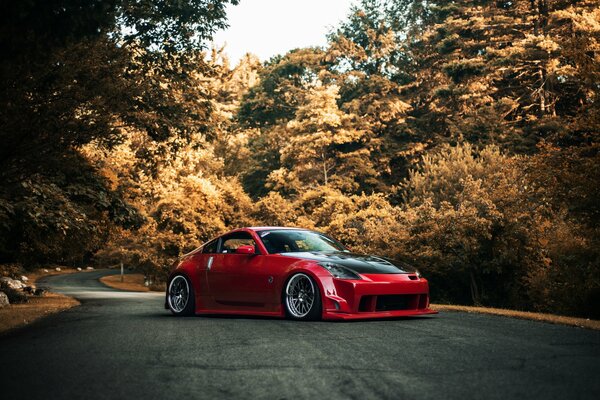 Red nissan 350z on the road against the background of an autumn forest