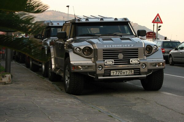 Military combat SUV in the parking lot