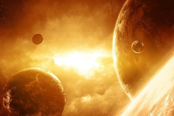 Планеты и спутники на фоне солнечного света
