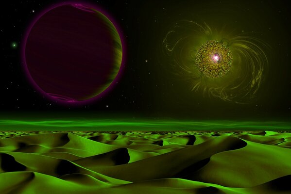 Green sky with planets and hills