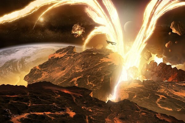 Esplosione di un pianeta nello spazio sullo sfondo della terra