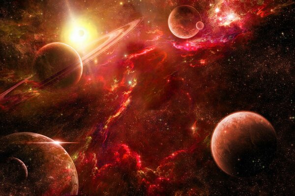 Hermoso arte 3D del espacio en el fondo de la nebulosa roja. Imagen de Escritorio