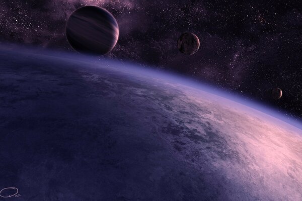 There are 3 planets and a gas giant in space