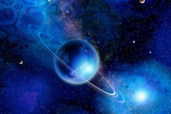 Водяная планета с кольцом на фоне красивого голубого свечения в космосе на рабочий стол
