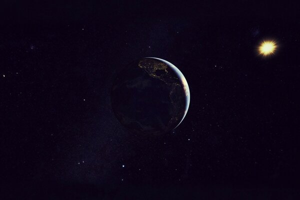 Вид из космоса на планету земля и сияющая звезда