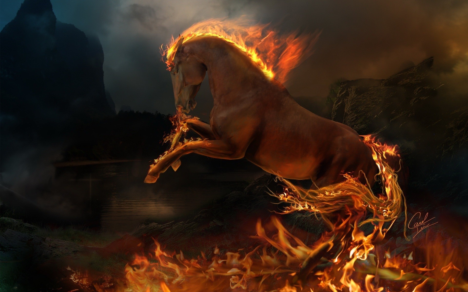 cheval animal feu flamme