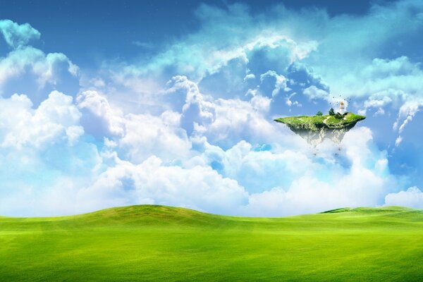 Endless green field with a flying island