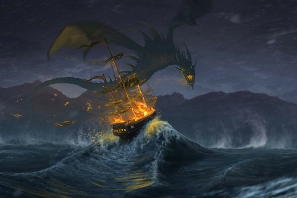 A dragon sets a fire in the sea