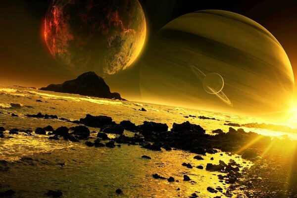 Wasser mit Steinen auf dem Hintergrund mehrerer Planeten und der Sonne