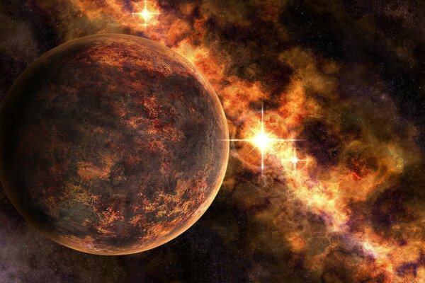 Ein orangefarbener Planet im Weltraum. Ein paar gelbe Lichter