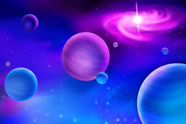 The planets are like pink and blue balls around their sun