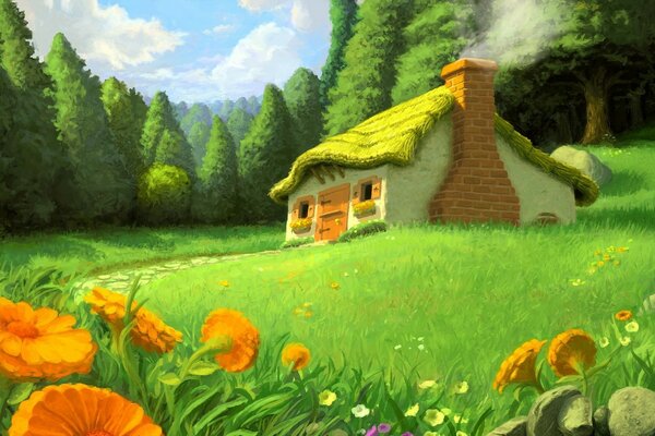 Rysunek chaty na tle zieleni