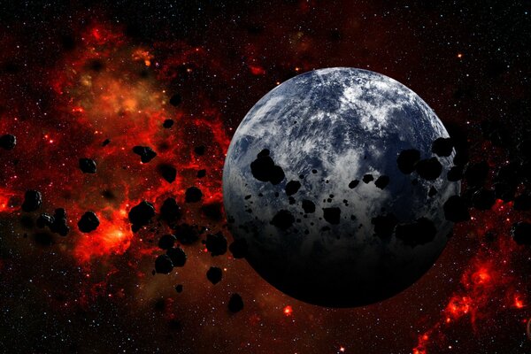 Asteroidi che volano intorno al pianeta sullo sfondo delle nebulose