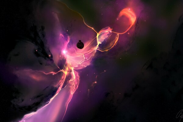 A planet on the background of a pink nebula