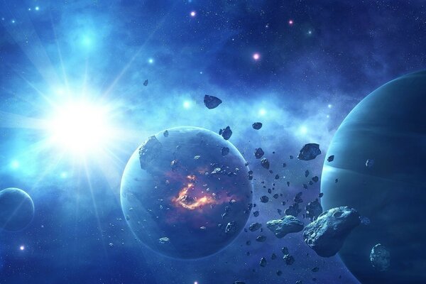 Asteroids and space objects around planets in outer space