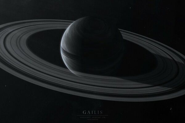 A dark planet with rings in space