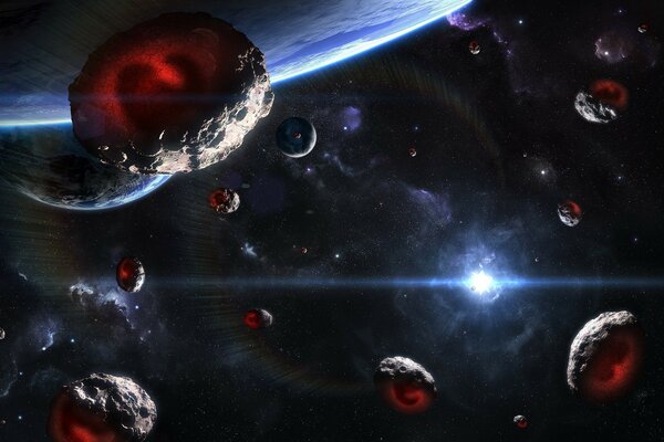 The path to the bright planet was charaded by flying meteors in space