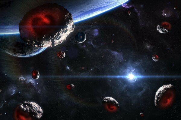 Droga do jasnej planety opalenizny, latające meteoryw kosmosie