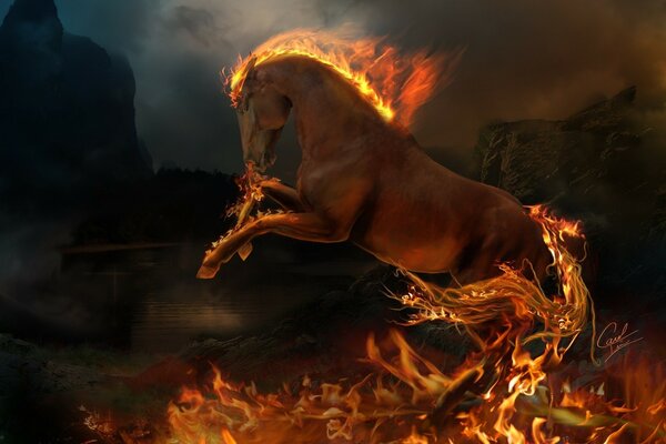 Красивая лошадь в огне на темном фоне