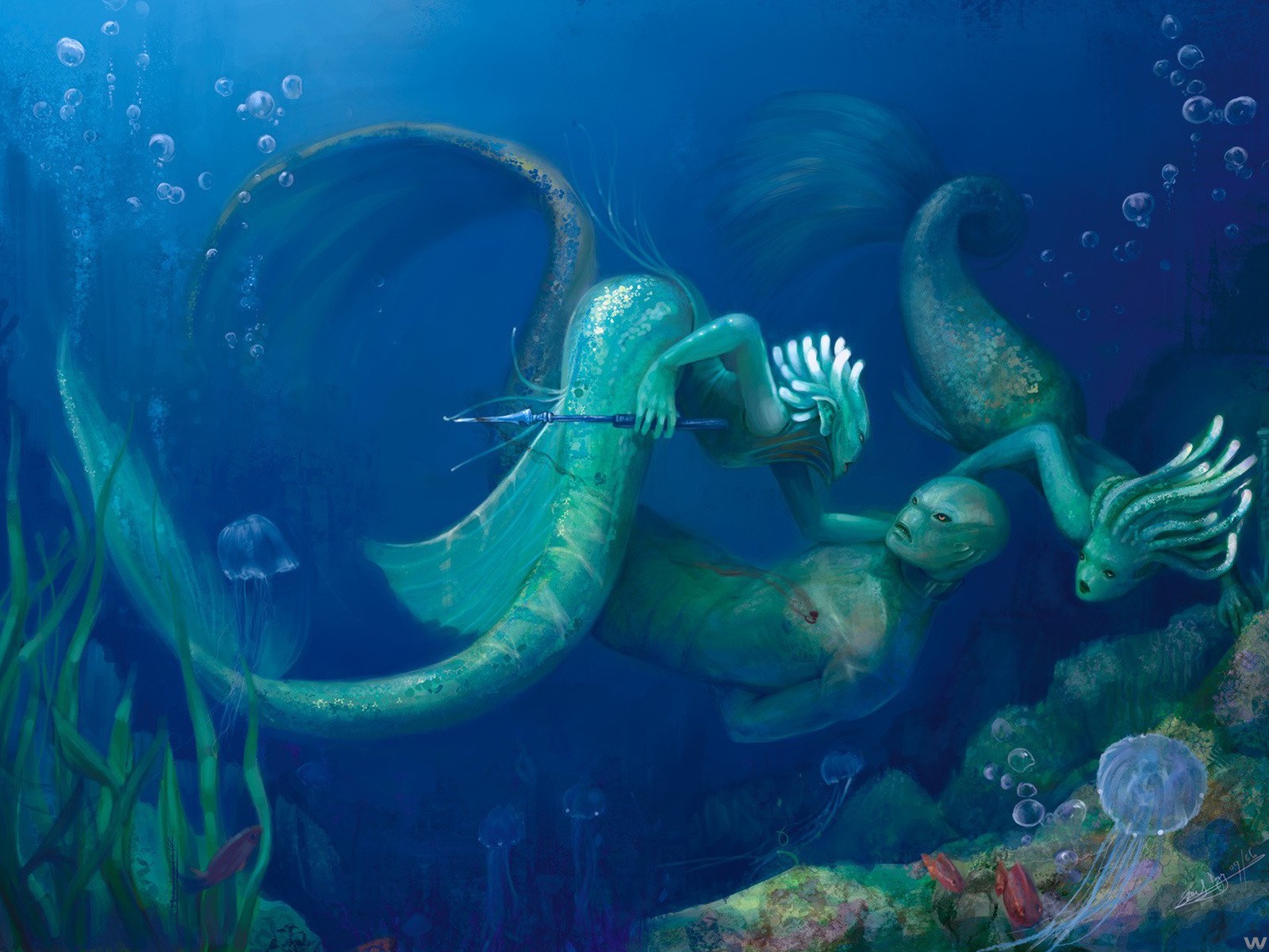 Вода и водные жители. Ихтиандр человек-амфибия арт. Фантастический подводный мир. Морские обитатели фэнтези. Подводные монстры.