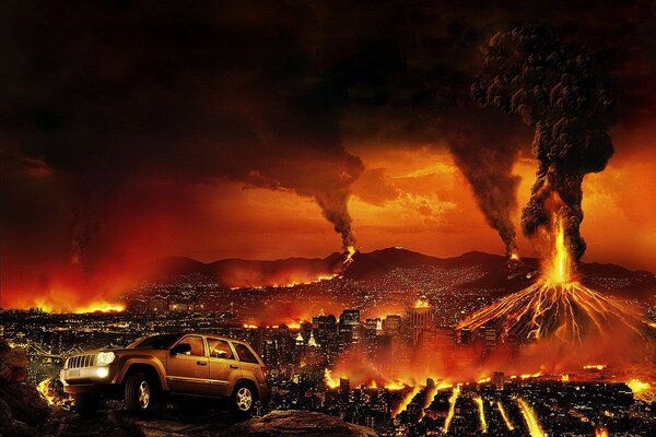 Auto im Hintergrund der Apokalypse. Vulkanausbruch