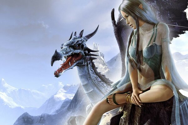 A girl with a dragon on the background of mountains