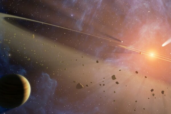 Art red kosmiczna planeta i eksplozja Gwiazdy
