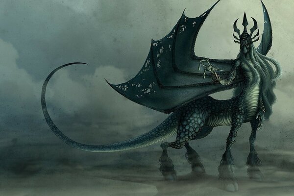 Fantasy art with a monster with wings and tail