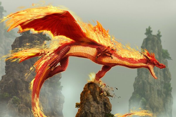 A fire dragon flies between the rocks